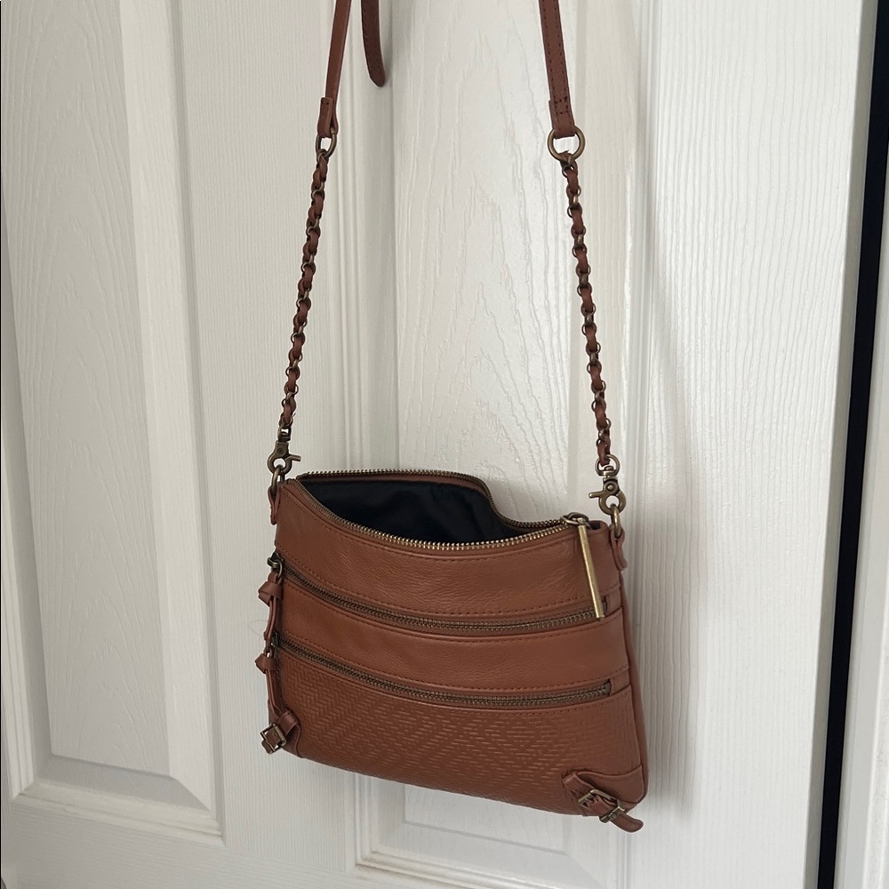 Elliott Lucca Tan Leather Crossbody with Chain-Trim Strap